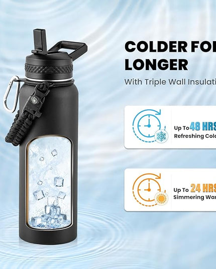 Insulated Water Bottle 40 oz, Triple Wall Vacuum Stainless Steel (Cold for 48 Hrs), Leak Proof & Non-BPA, Modern Water Flask Jug with Paracord Handle & Straw Spout Lids, Magic Black
