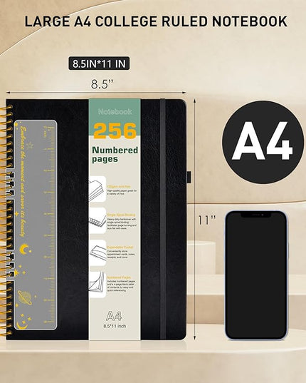 A4 Spiral Notebook Journal 8.5” x 11”, 256 Numbered Pages Hardcover Leather Journals for Women Men, Large Lined College Ruled Notebooks, 100GSM Thick Paper, Spiral Bound Journal for Work School, Black