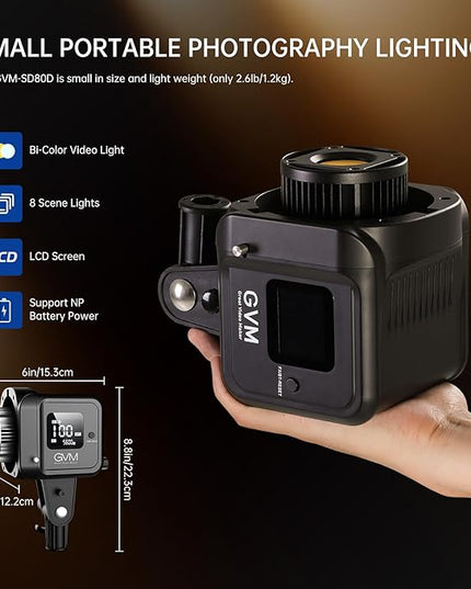 GVM 80W Video Light, Continuous Lighting for Photography with Bowens Mount, 2700~7500K, 44100Lux/0.5m Studio Light with APP, CRI 97+ Bi-Color 8 Scene Lights Support AC Adapter & NP Battery