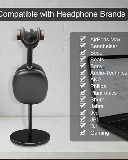GEVO Headphone Stand for Desk, Walnut Wood & Aluminum Headset Stand, Universal Walnut Gaming Headset Holder with Solid Heavy Base for AirPod Max, Bose, Sony All Headphone Sizes (Circular Base)