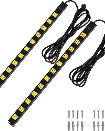SURAIELEC 12 Outlet Long Metal Power Strip, 15FT Cord Surge Protector, Angled Flat Plug, Wide Spaced Outlet Bar, 15A Breaker, Wall Mountable, Industrial Heavy Duty for Work Bench, Shop, Garage, 2 Pack
