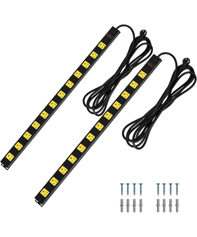 SURAIELEC 12 Outlet Long Metal Power Strip, 15FT Cord Surge Protector, Angled Flat Plug, Wide Spaced Outlet Bar, 15A Breaker, Wall Mountable, Industrial Heavy Duty for Work Bench, Shop, Garage, 2 Pack