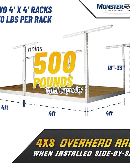 MonsterRax 4x8 Overhead Garage Storage Rack Frame Kit - Hanging Storage Shelves, Ceiling Storage Rack System, Overhead Garage Organizers And Storage, Ceiling Shelving - (White, 18"-33")
