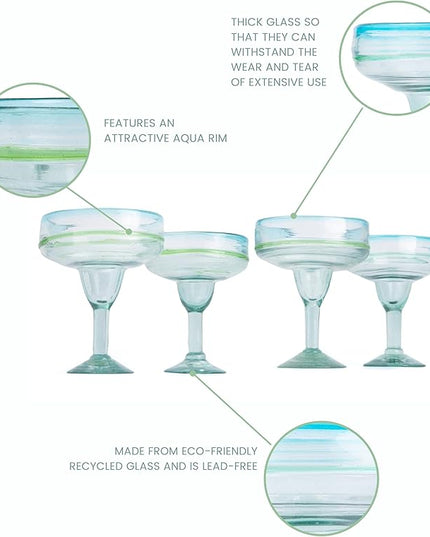 MyCajita Mexican Glassware, Aqua Rims 16oz Margarita Glasses, Set of 4 Unique Hand Blown Glass, Handcrafted by Talented Artisans Thick & Sturdy Easy to hold