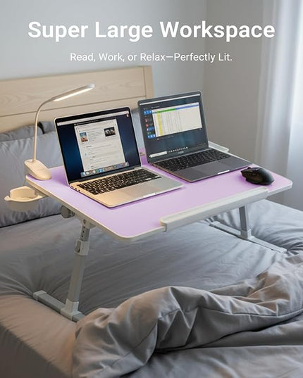 iXTRA Laptop Lap Desk with Cooling Fan - Adjustable Bed Desk with Light, Bed Table with Cup Holder&Phone Holder - Storage Drawer Desk - Folding Bed Desk,Purple,70x45cm