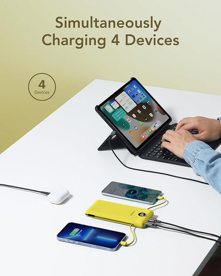 VEGER Portable Charger with Built-in AC Plug and Cables, All in One 10000mAh Ultra Slim Power Bank Travel Essentials, 15W Fast Charging Battery Pack Compatible with iPhone, Samsung, Android (Yellow)