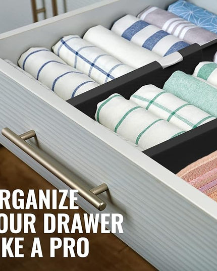 RAPTUROUS Adjustable Drawer Dividers 8 Pack, 2.5" High, 13-22" Long, Dresser Drawer Organizer for Bedroom, Closet, Kitchen, Nursery, Office, Strong Hold, Soft Foam Edges, Black
