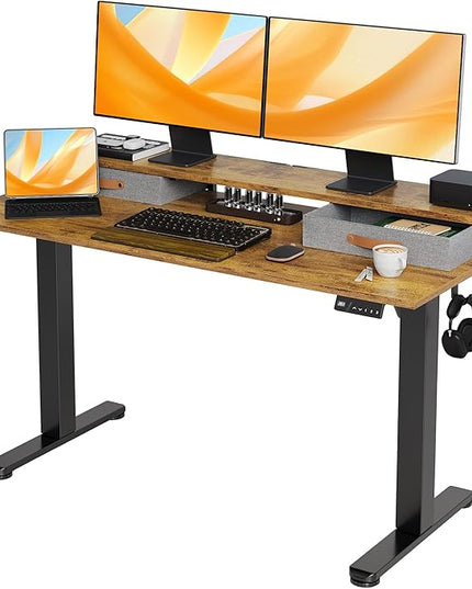 Claiks Electric Standing Desk with 2 Drawers, Adjustable Standing Desks with Storage, Height Adjustable Stand up Desk for Home Office with 2 Hooks,55 Inch Ruist Brown