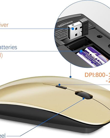 Wireless Keyboard and Mouse Ultra Slim Combo, TopMate 2.4G Silent Compact USB 2400DPI Mouse and Scissor Switch Keyboard Set with Cover, Batteries Included, for PC/Laptop/Windows/Mac - Gold Black
