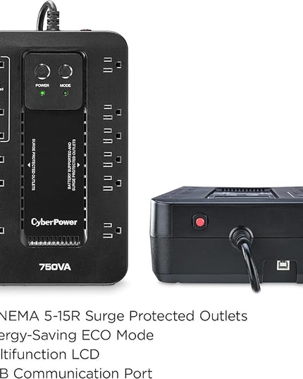 CyberPower EC750G Ecologic Battery Backup & Surge Protector UPS System, 750VA/450W, 12 Outlets, ECO Mode, Compact Uninterruptible Power Supply, Black