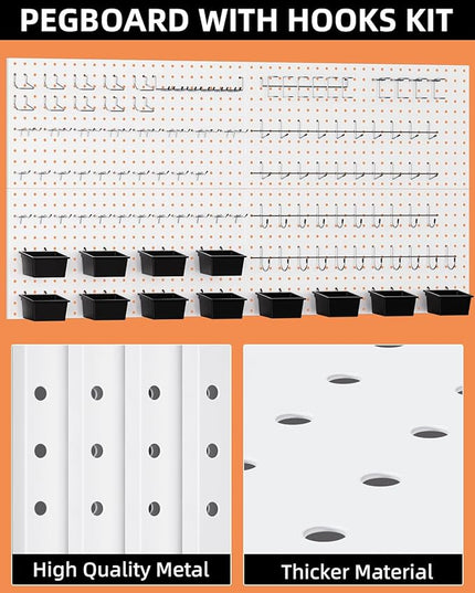 INCLY 158PCS Metal Pegboard Wall Organizer, 48x24 Inch White Pegboard Panels Tool Organizer Kit with Accessories Hooks and Bins, Peg Board Utility Tool Storage for Garage Workbench Shed