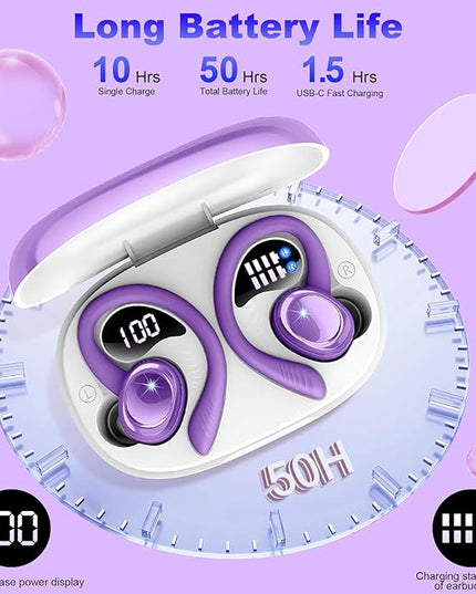 Wireless Earbuds Sport, 2025 Bluetooth 5.4 Headphones with Earhooks, 50H Stereo Deep Bass Over Ear Buds with 4 ENC Noise Canceling Mics, IP7 Waterproof Earphones for Running Workout Gym -Purple