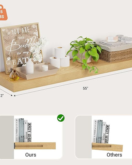 Heimlove 12 Inch Deep Floating Shelves, 55 x 12 inches Long Wall Shelf, Large Extra Display Shelf & Storage Shelf, Rustic Wood Wall Shelves for Fireplace Mantel, Set of 1(Oak)