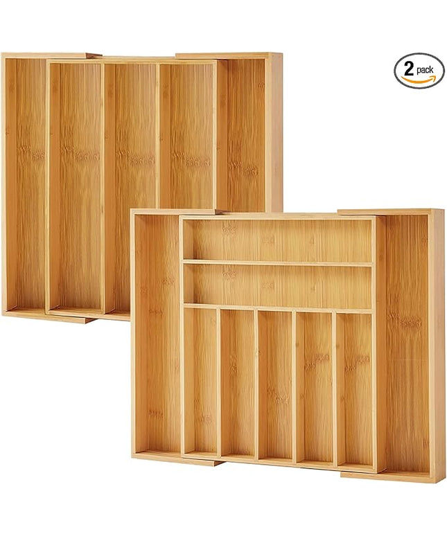 Bamboo Drawer Organizer, 2 Pack - Expandable Silverware Organizer & Utensil Drawer Organizer, Cutlery Tray with Dividers, 7-9 Slots - Premium Kitchen Organizer for Utensils & Flatware (Natural)