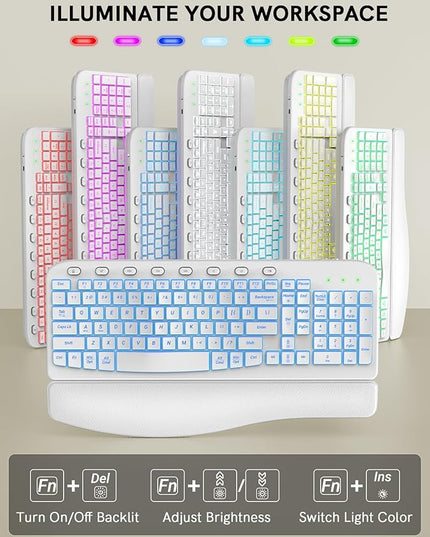 SABLUTE Ergonomic Wireless Keyboard and Mouse Combo - Wave Keyboard with Soft Leather Wrist Rest, Resistant Keys, RGB Backlit Rechargeable Set for PC/Mac/Chromebook (White)