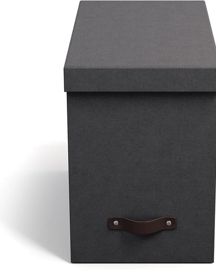 Bigso John Desktop File Box - Storage Solution and Document Organizer for Important Paperwork - Durable Hanging File Box with Lid and Leather Handle - 7.36 in x 13.26 in x 10.51 in - Black