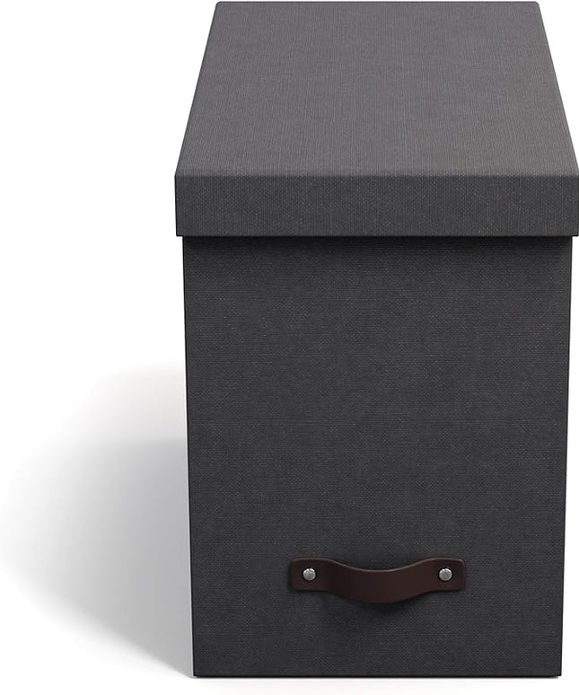 Bigso John Desktop File Box - Storage Solution and Document Organizer for Important Paperwork - Durable Hanging File Box with Lid and Leather Handle - 7.36 in x 13.26 in x 10.51 in - Black