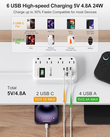6 USB(2 USB C) Travel Power Strip- Flat Plug Extension Cord 3 Feet with 4.8A 24W USB Charging Station and 4 Outlets, 3 FT Short Extension Cord Portable for Travel Cruise Office College Dorm
