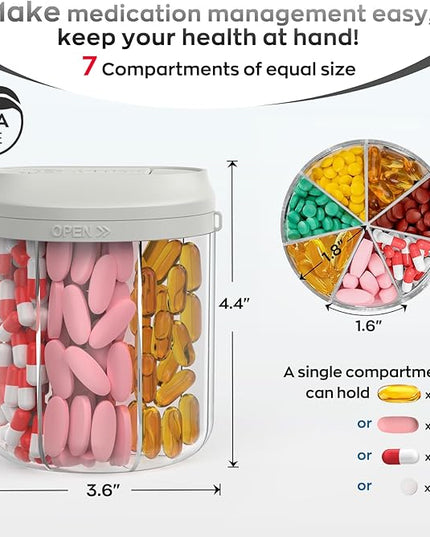 Pill Dispenser with 7 Large Compartments, 4.4" H x 3.6" Dia Pill Organizer for Travel, Supplement Organizer with Anti-Mixing Design, BPA-Free Pill Container with 20 Pcs Labels, Grey