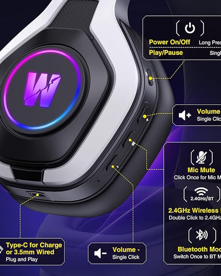 Wireless Gaming Headset for PS5, PC, PS4, 2.4G/Bluetooth Gaming Headphones with Noise Canceling Microphone, USB and Type-C Connector, 7.1 Surround Sound, RGB Lighting, 60H Battery