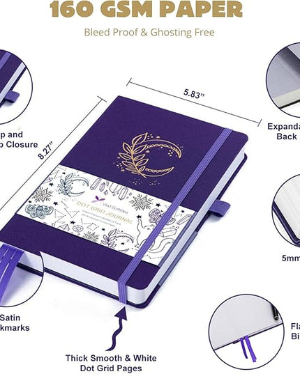 VIVID SCRIBBLES A5 Bullet DOTTED Journal – 160GSM Bleed-Proof Dotted Notebook with 200 Numbered Dot Grid Pages, Lay-Flat Hardcover with Pen Loop & Expandable Pocket (Purple Moon Design)