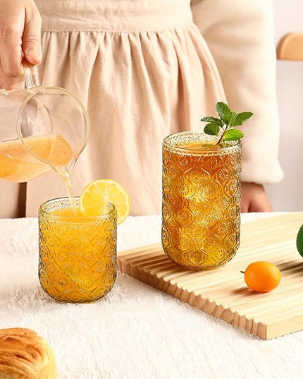 Green Drinking Glasses Set of 12, 12 Oz Highball & 10 Oz Cocktail Glasses, Green Kitchen Vintage Glassware Set, Floral Embossed Glass Tumbler Cups for Water, Beer, Juice, Whiskey, Coffee