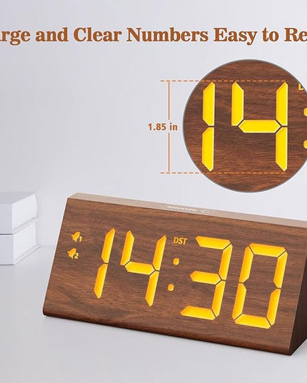 fomobest Wooden Digital Alarm Clock with Dual USB Charging Ports, DST, Dimmable, Snooze, Modern Large Time Display LED Clock for Kids Bedrooms, Living Room, Desk, Table, Bedside, Nightstand (Brown)