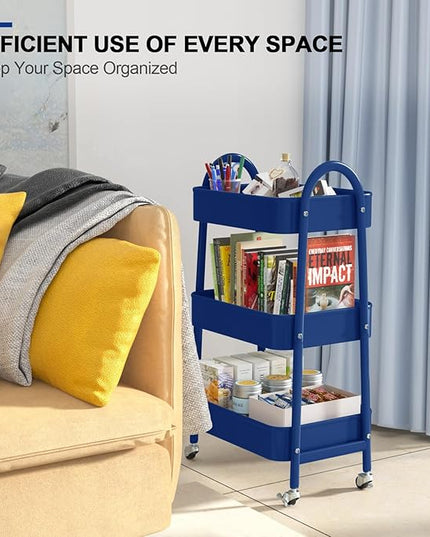EAGMAK 3 Tier Utility Rolling Cart, Metal Storage Cart with Handle and Lockable Wheels, Multifunctional Storage Organizer Trolley with Mesh Baskets for Kitchen, Living Room, Office, Garage (Indigo)