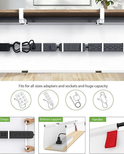 KEEGH Extra Large 48" Under Desk Cable Management Tray - Under Desk Cord Management - Clamp/Screw Mount - Support Upto 70lbs - Fabric Wire Management - Cable Raceways Cord Hider for Office/Home, White