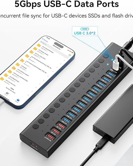 Powered USB 3.0 Hub, 16 Ports USB Hub Splitter(10 USB-A 3.0+2 QC 24W Fast Charging+2 Smart Charging+2 USB-C 3.0 Ports), 12V/8A 96W UL Certified Power Adapter for Laptop, Mac, PC, Computer