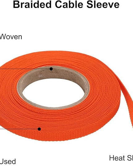 MECCANIXITY Braided Cable Sleeves Heat Shrinkable Fabric Sleeving, 1/4" 26ft Orange 2:1 Ratio Heat Shrinkable Cord Protector for Harness Cable, Network Cable Protection, Cable Management