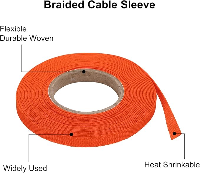 MECCANIXITY Braided Cable Sleeves Heat Shrinkable Fabric Sleeving, 1/4" 26ft Orange 2:1 Ratio Heat Shrinkable Cord Protector for Harness Cable, Network Cable Protection, Cable Management