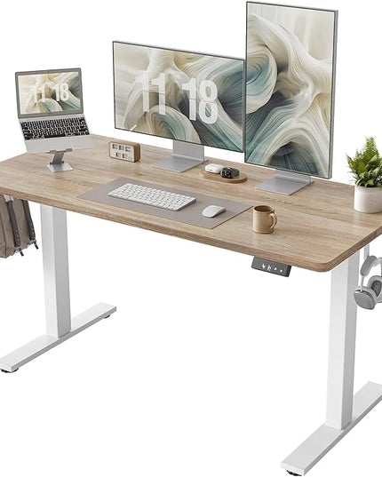 TIQLAB Height Adjustable Electric Standing Desk, 55 x 24 inch, Sit Stand Up Desk, Splice Board, Computer Home Office Desk, White Frame/Maple Top
