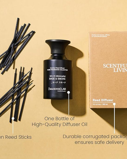 M&SENSE Reed Diffuser Set, 10.14 fl oz Large Reed Diffuser, Sage & Smoke Scented with Natural Essential Oils, Long Lasting with 7 Sticks, Non-Toxic Home Fragrance Reed Diffuser for Bedroom, Bathroom