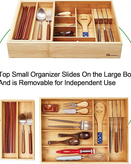 Double Layer Bamboo Kitchen Drawer Organizer Cutlery Utensil Silverware Drawer Organizer, Silverware Tray for Drawer Removable Utensil Holder Flatware Organizer Multi-use Storage Box (L)