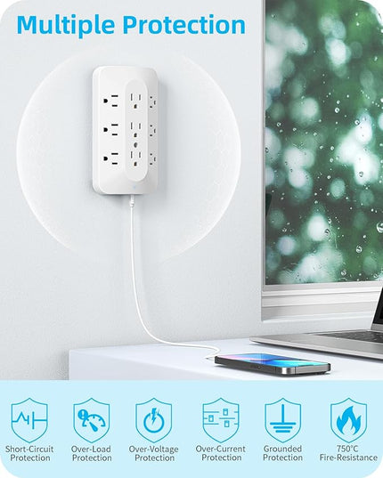 Wall Outlet Extender, 9 Outlet Splitter with 4 USB Ports (2 USB C), Multi Plug Wall Outlet Expander, 3-Sided Wall Charger Power Strip for Home, Office, Dorm, White