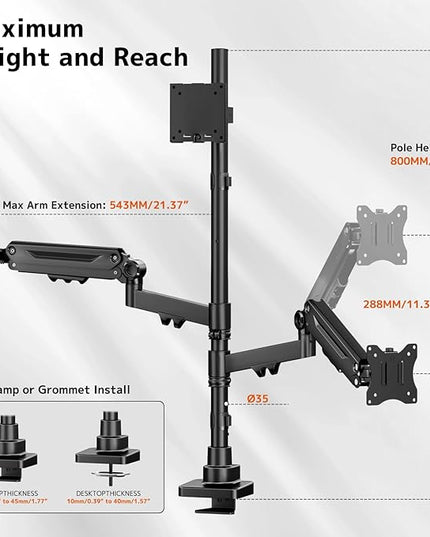 Triple Monitor Mount up to 49 inches, Fully Adjustable Heavy Duty 3 Monitor Arm with Gas Spring, Desk Mount for 3 Screens, C-Clamp & Grommet Base, Holds 44 lbs, Black