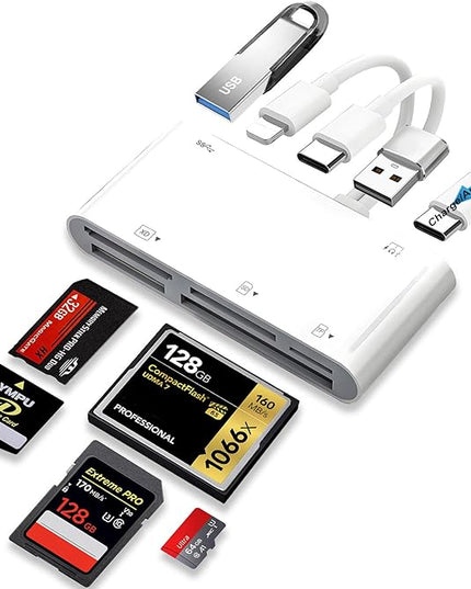 9-in-1 Memory Card Reader Universal SD Card Reader for iPhone/iPad, CF/SD/MicroSD/MS/XD Card Reader & USB OTG Adapter with USB-A/USB C/Lightening Connector for iPhone 16/iPad Pro/Samsung Galaxy S25