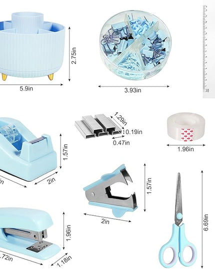 Desk Organizers and Accessories Set with 360-Degree Rotating Pen Holder, Tape Dispenser, Stapler, Staple Remover, 1000 Staples, Tape, Clips Set, Ruler, Scissor, Pen