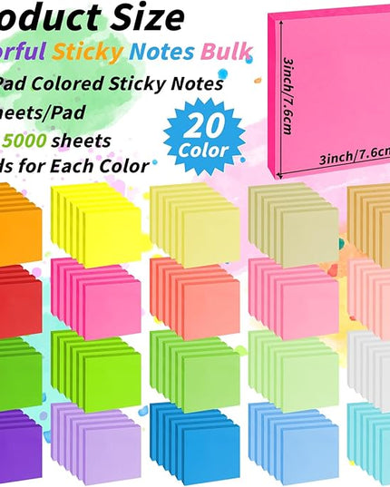 100 Pack Sticky Notes Bulk 3 x 3 in Self-Stick Note Pads Colorful Posted Note in 20 Colors Adhesive Paper Memo 50 Sheets/Pad Easy to Post for Office Home School Meetings Notebook Wall Door Window