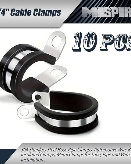 10 Pack 1/4 inch Cable Clamps, 304 Stainless Steel Hose Pipe Clamps, Automotive Wire Rubber Insulated Clamps, Metal Clamps for Tube, Pipe and Wire Cord Installation