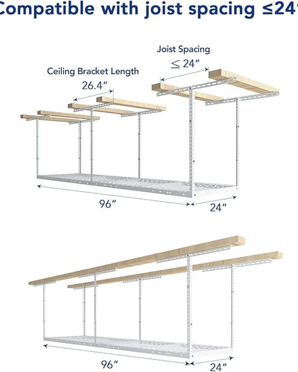 FLEXIMOUNTS 2x8 Overhead Garage Storage Rack,Adjustable Storage Organization System,Heavy Duty Metal Garage Ceiling Storage Racks,400lbs Weight Capacity,White, Classic Series