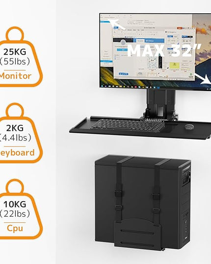 PUTORSEN Monitor and Keyboard Wall Mount with CPU Holder for 32" Monitors (55 lbs Max), Keyboard Tray (4.4 lbs Load) & CPU Holder (22 lbs Capacity) - Height Adjustable, with Mouse Pad, VESA75/100