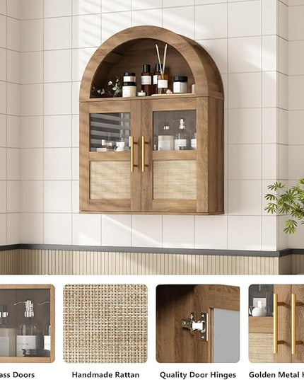 RUSTOWN Arched Bathroom Wall Cabinet, Rattan Medicine Cabinet with 2 Glass Doors, Farmhouse Over The Toilet Storage Cabinets with Adjustable Shelves, 3-Tier Wall Mounted Cabinets