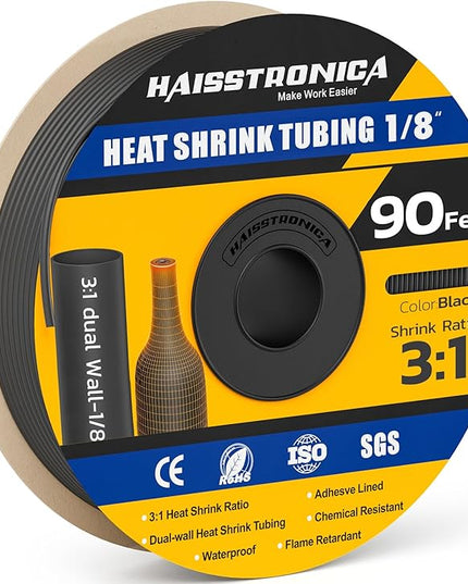 haisstronica 3:1 Heat Shrink Tubing, Shrink Ratio Adhesive Lined Marine Grade Heat Shrink Tube for Home, Automotive and Industrial (Black) 90FT 1/8inch