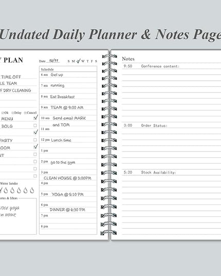 Daily Planner Undated - A5 To Do List Notebook Hourly Schedules, Spiral Appointment Planner for Women and Men, PVC Hardcover, Inner Pocket, Elastic Closure, 5.8" x 8.3", Grey