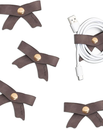 SenseAGE 5 Pack Cord Organizer, Bow Cord Keeper, Cable Organizer USB Holder, Leather Cable Management, Cable Straps, Earphone Winder, Storage Straps for Electronics, Earbuds (Choco Brown, Big)