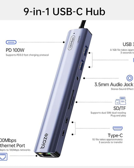 BIAZE 9-in-1 USB/USB C Hub Adapter for MacBook, iPhone,3 USB Ports (2xUSB 3.0, USB 2.0), 100M Ethernet, SD/TF Card Reader, 3.5mm Audio, 2X USB-C Data Ports,No Driver Required