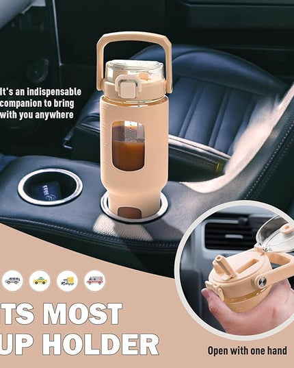 BLUEGO 32oz Glass Tumbler with Lid and Handle, Iced Coffee Cup with Straws, Glass Water Bottle with Silicone Sleeve and Volume, Marker Glass Cup with Time Marking, BPA Free, Amber