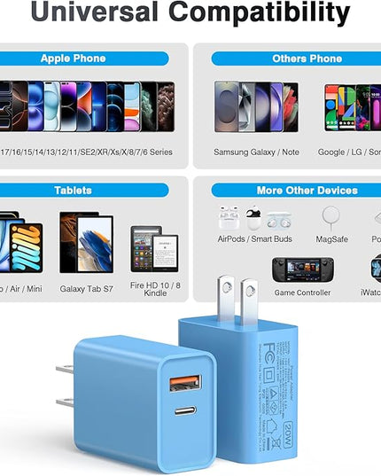 [20W/2Pack] Fast Charger Block, USB C Wall Charger, Charger Cube, Dual Port PD Fast Charging Block Brick Compatible for Watch Series 10 iPhone 16 17 Pro Max Airpod Brick Plug Power Adapter, Blue